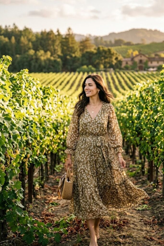 1. Flowy Midi Dress Classic Vineyard Look