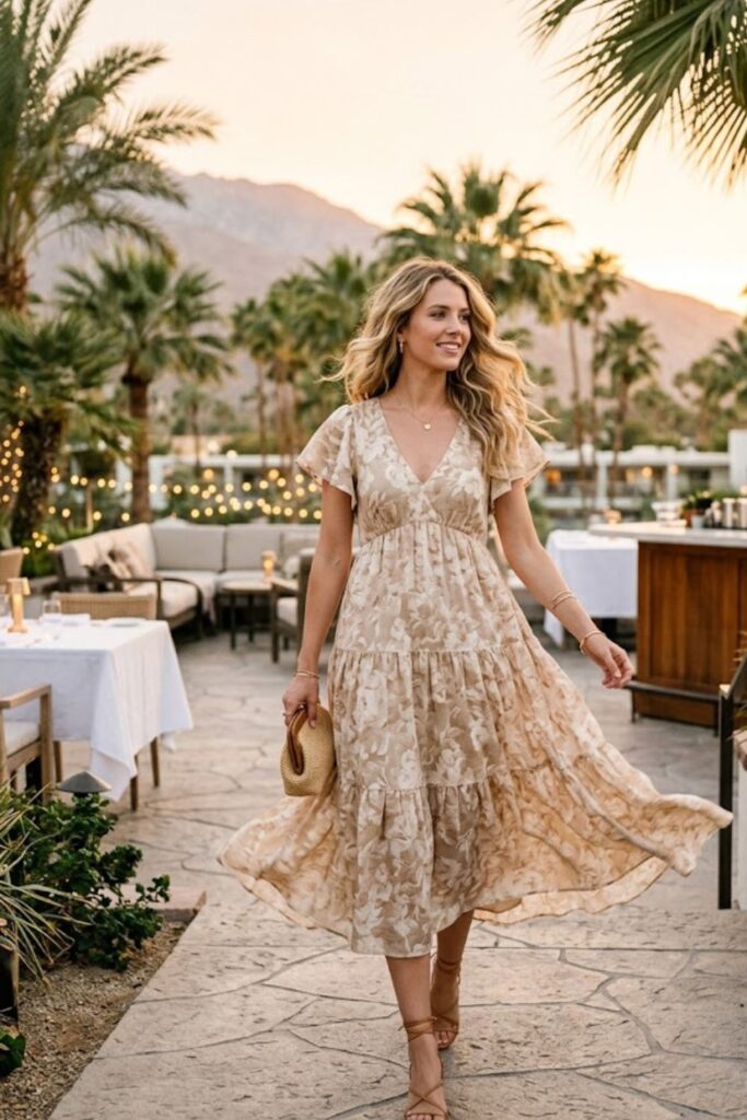 1. Flowy Midi Dress Elegant Desert Glow Look