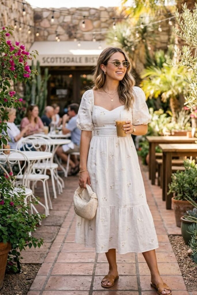 1. Flowy Midi Dress with Sandals