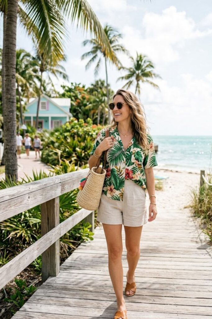1. Key West Vacation Outfits Tropical Shirt and Shorts Combo