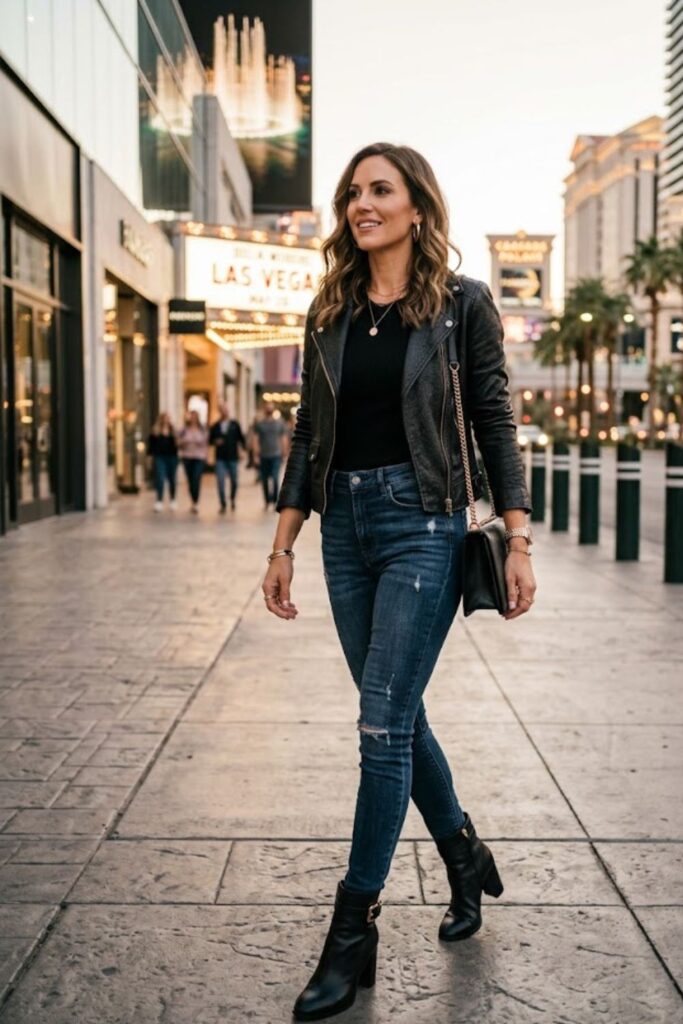 1. Leather Jacket with Jeans and Boots