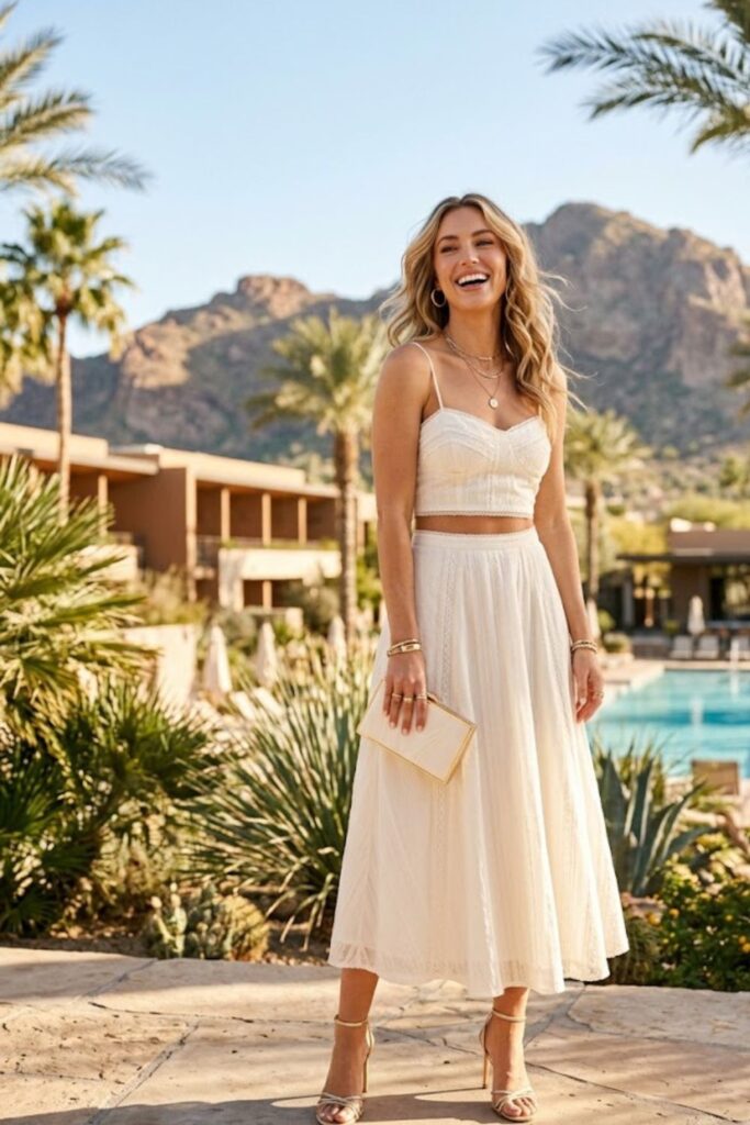 1. White Mini Dress with Gold Accessories