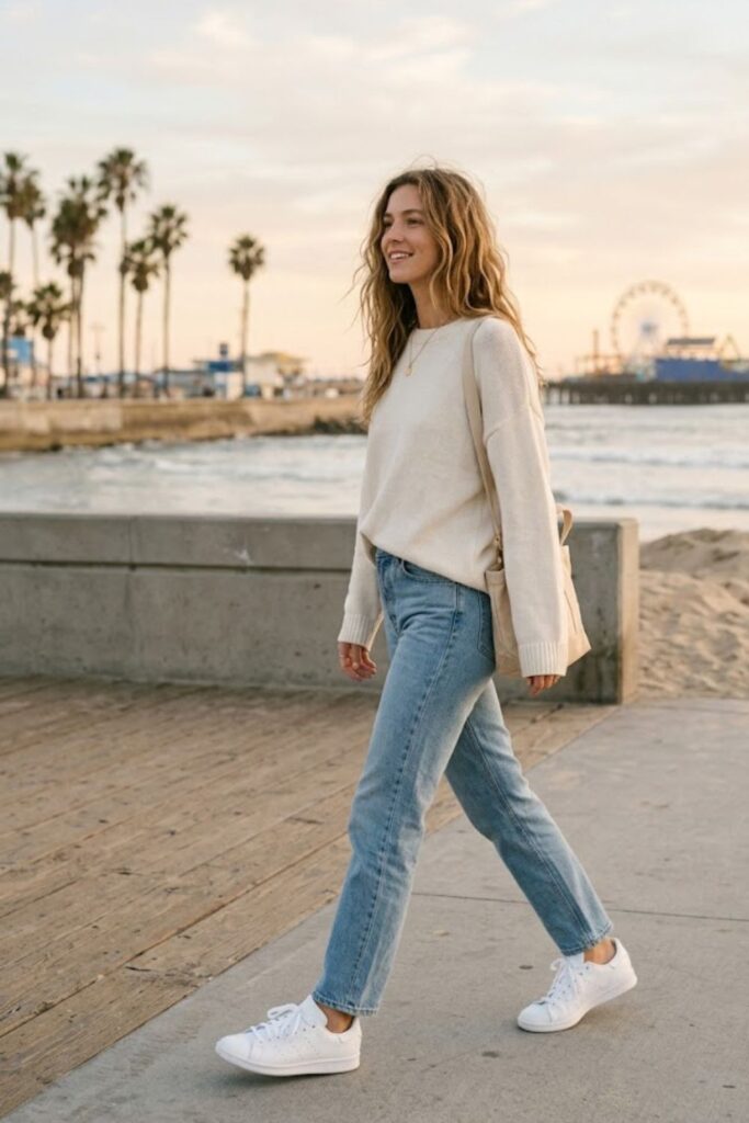 10. Santa Monica Aesthetic Outfit Clean White Sneakers Look