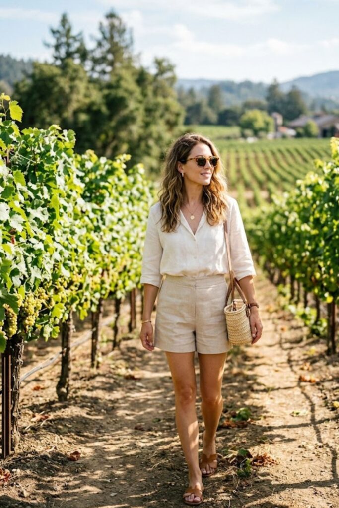2. Linen Shorts and Light Blouse Combo