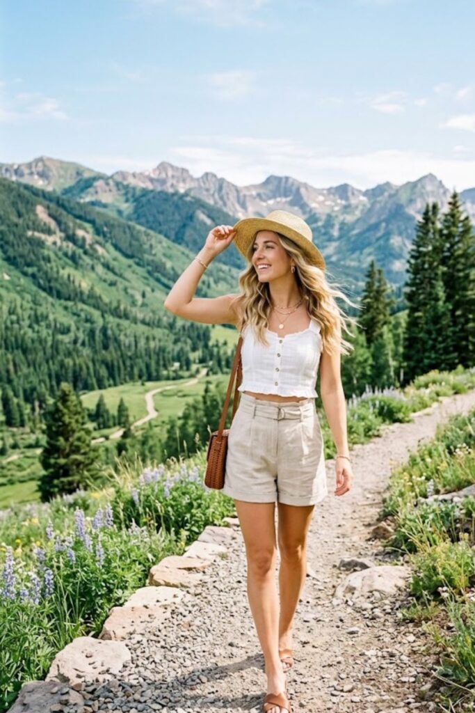 2. Linen Shorts with Crop Top Casual Style
