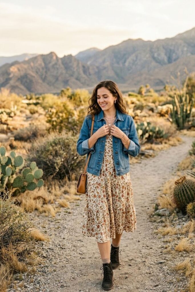 2. Midi Dress with Denim Jacket Layered Style