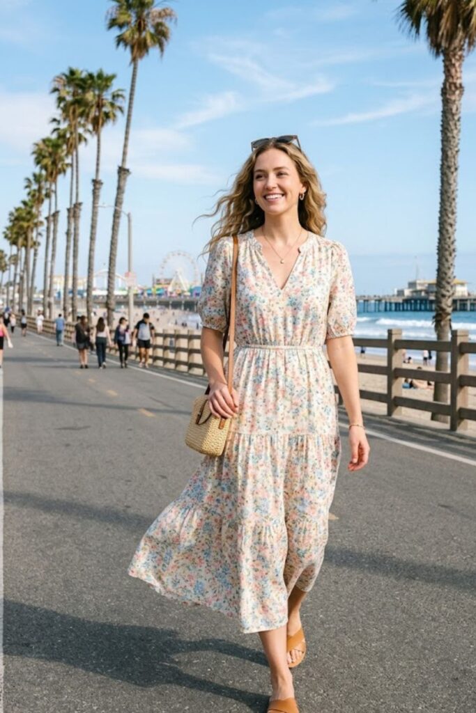 2. Santa Monica Spring Outfit Flowy Midi Dress Look