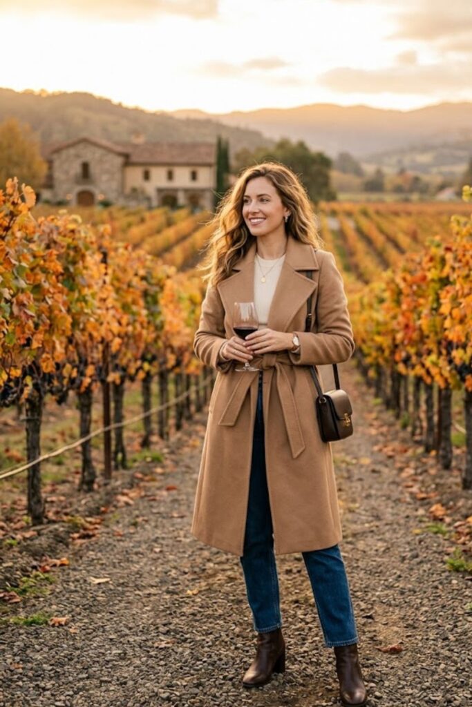 2. Wool Coat Elegant Fall Vineyard Look