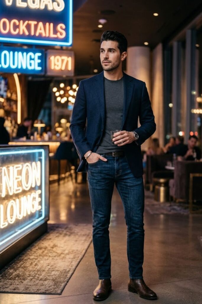 3. Blazer with Dark Denim Jeans