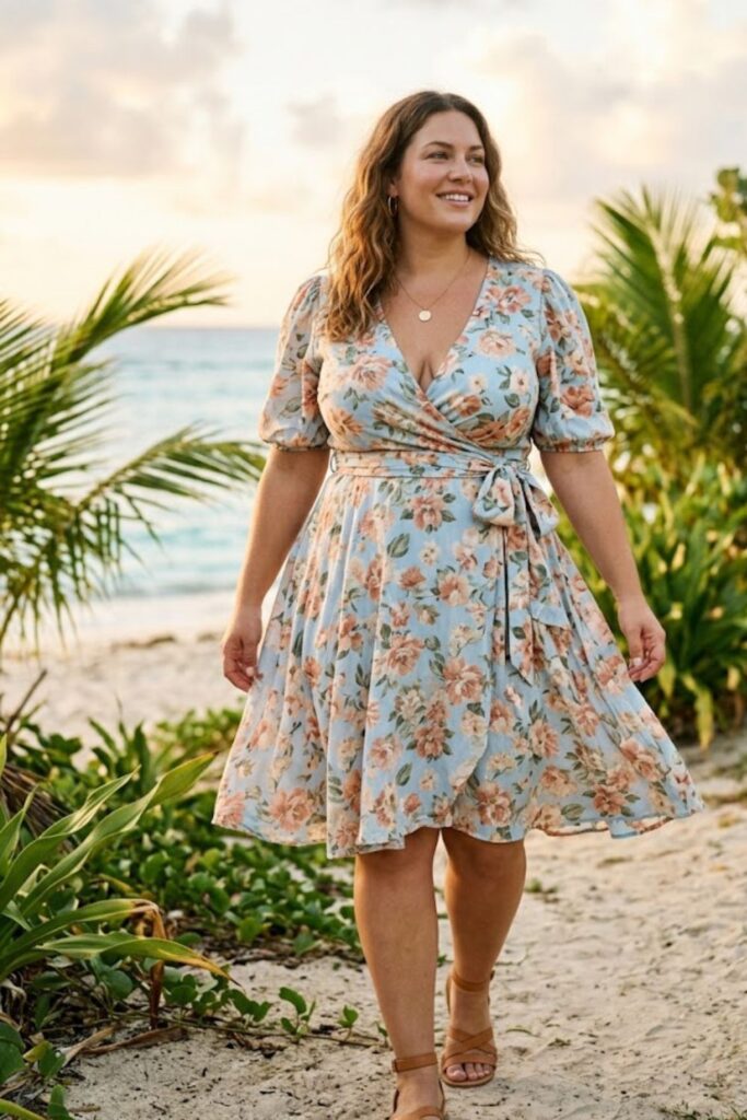 3. Plus Size Key West Outfits Flowy Wrap Dress Charm