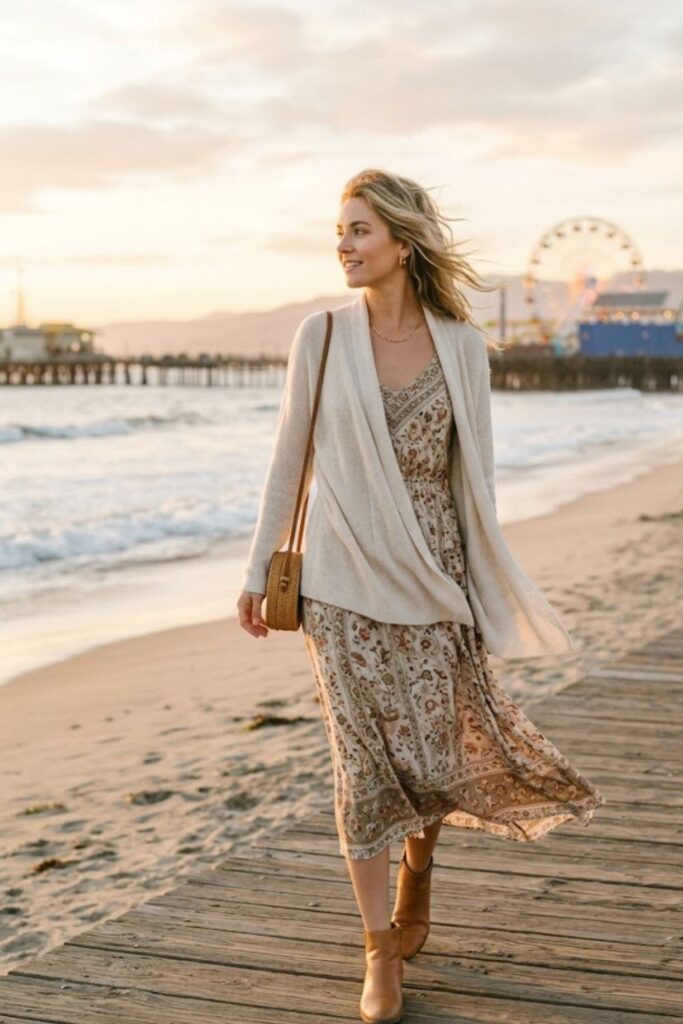 3. Santa Monica Fall Outfit Midi Dress with Light Layer