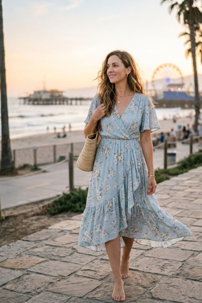 3. Santa Monica Outfit Flowy Midi Dress Elegance