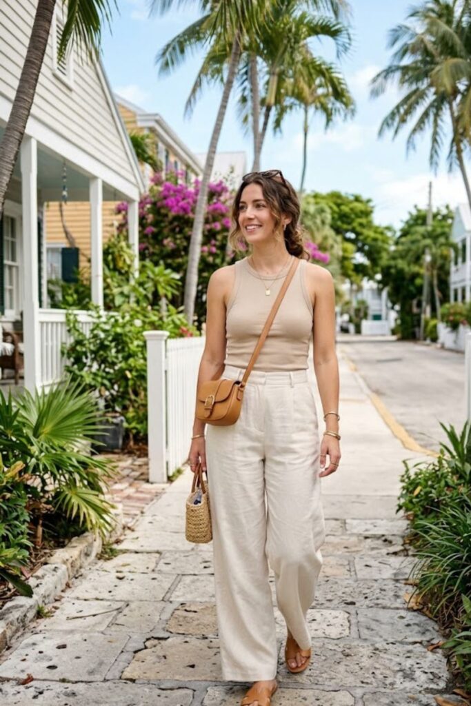 4. Key West Vacation Outfits Tank Top and Linen Pants Combo