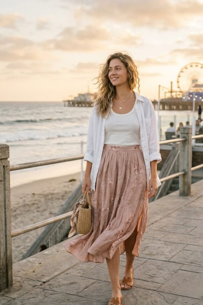 4. Santa Monica Aesthetic Outfit Flowing Midi Skirt Style