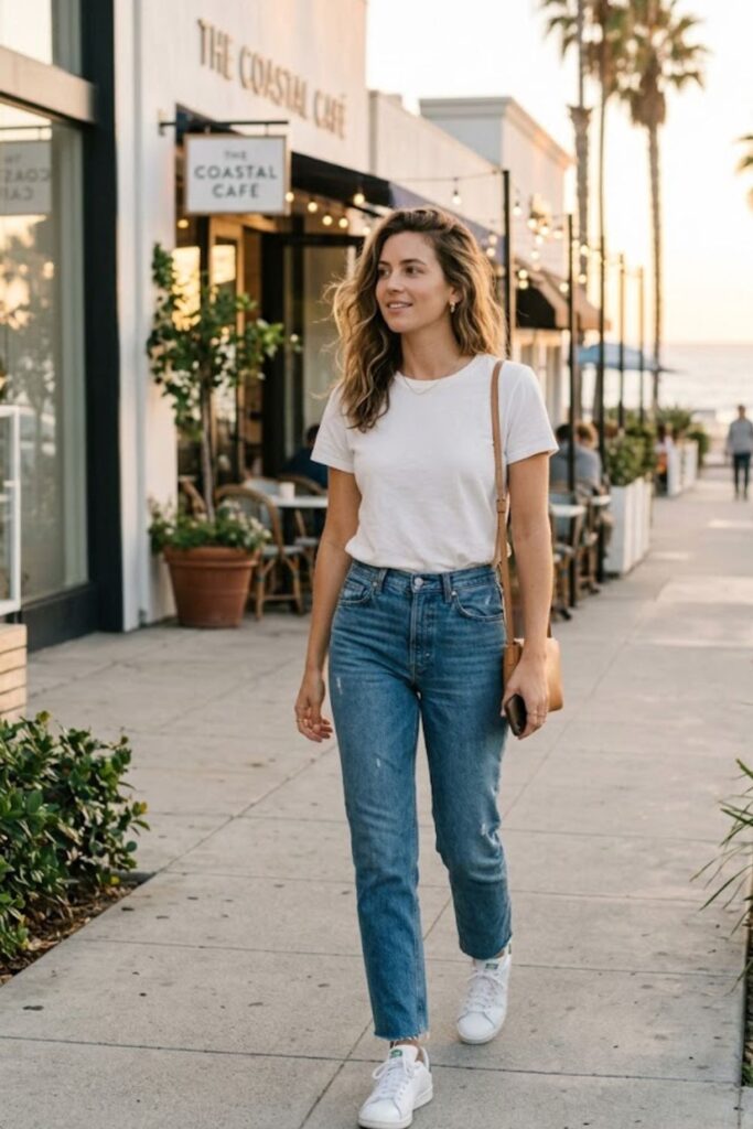 4. Santa Monica Fall Outfit Casual Tee and Jeans Combo