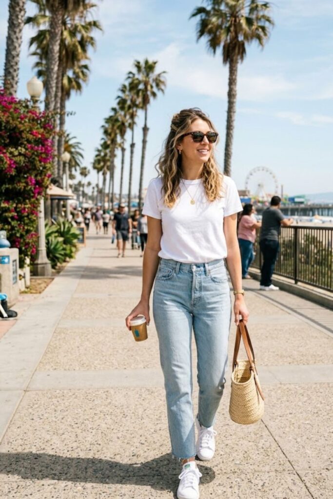4. Santa Monica Spring Outfit Casual White Tee and Jeans Combo
