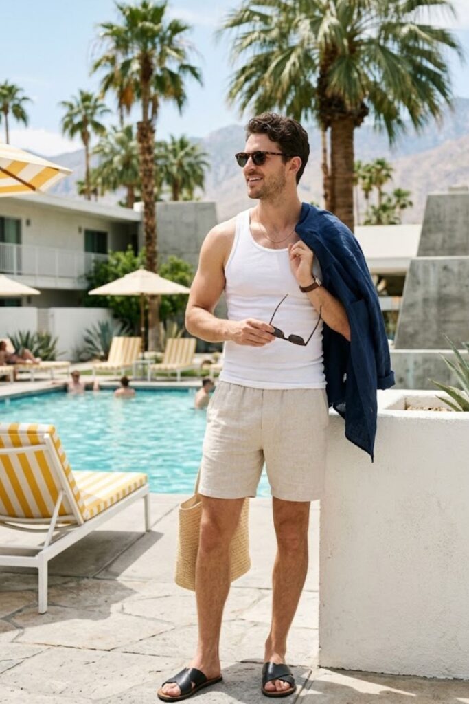 4. Tank Top and Relaxed Shorts Poolside Outfit