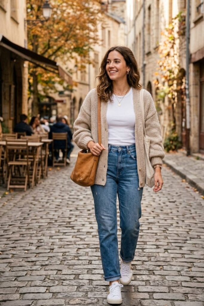 5. Cardigan with Tank Top and Jeans