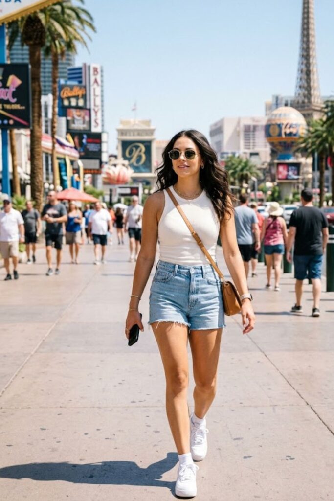 5. Denim Shorts with Tank Top Casual Look