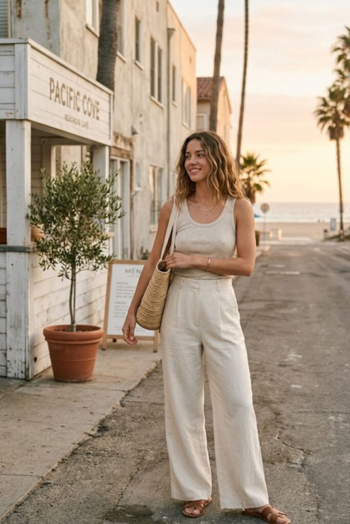 5. Santa Monica Aesthetic Outfit Simple Tank and Wide Pants Combo
