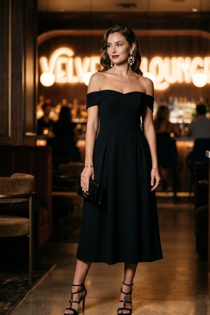 6. Off-Shoulder Glam Dress Look