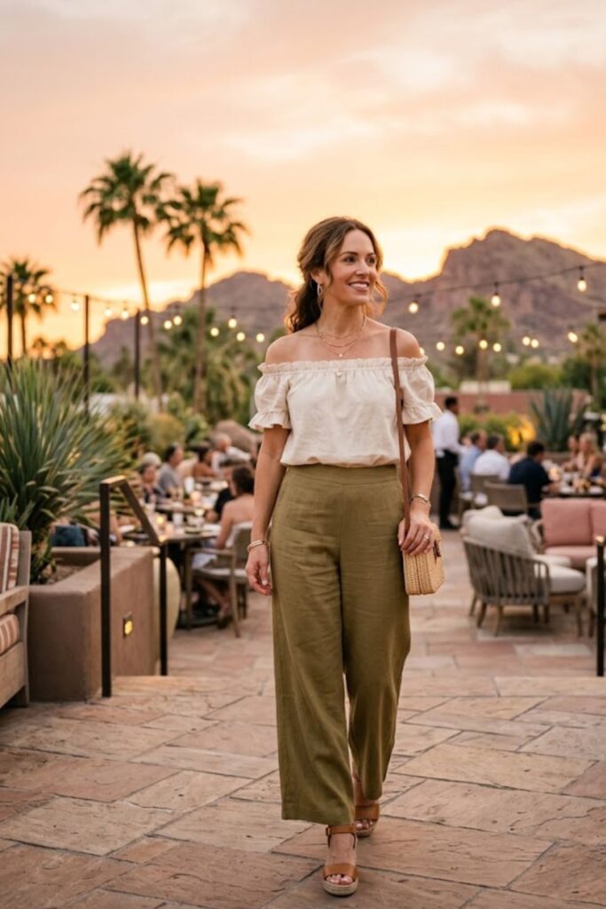 6. Off-Shoulder Top with Wide-Leg Pants