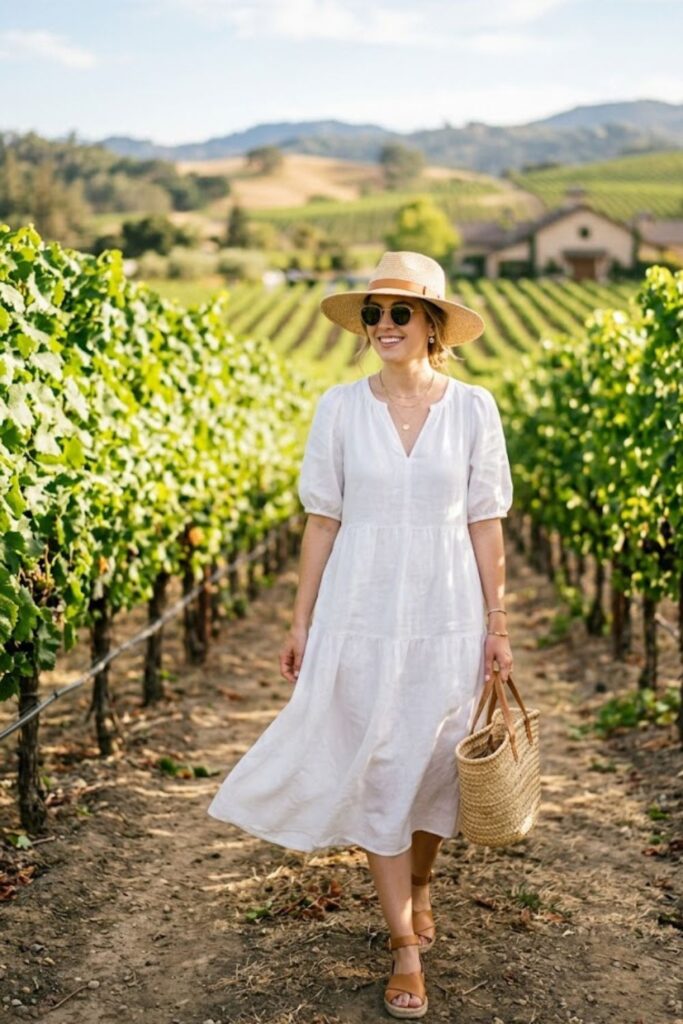 6. White Linen Dress Fresh Vineyard Look