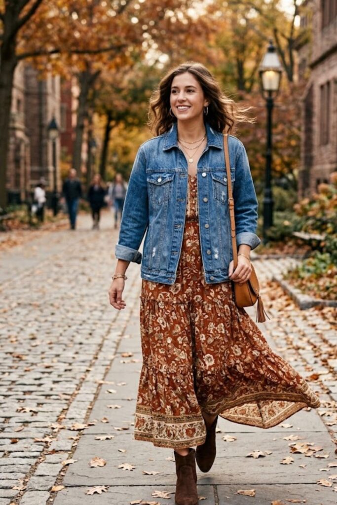 7. Denim Jacket with Maxi Dress