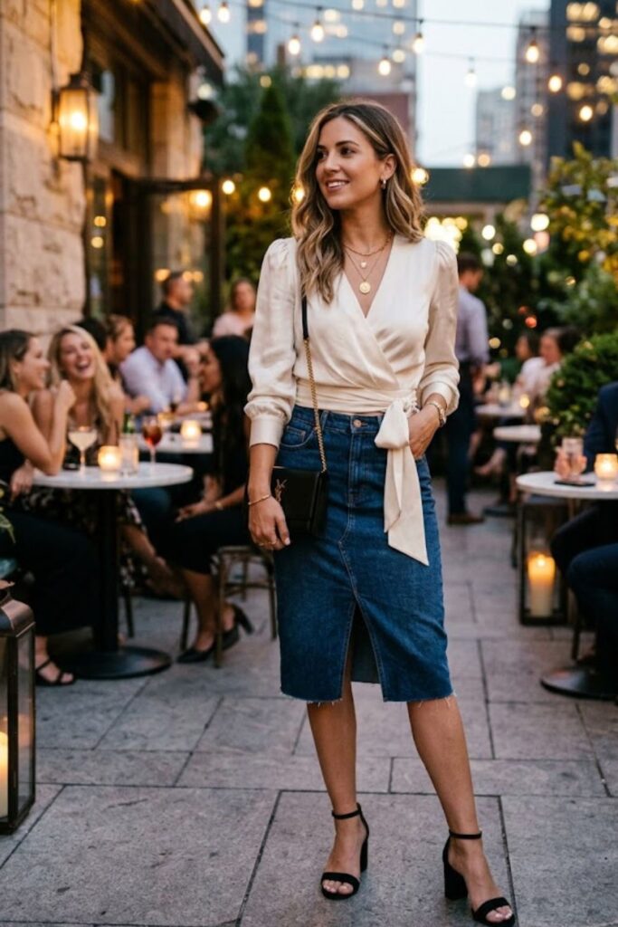 7. Denim Skirt and Chic Blouse