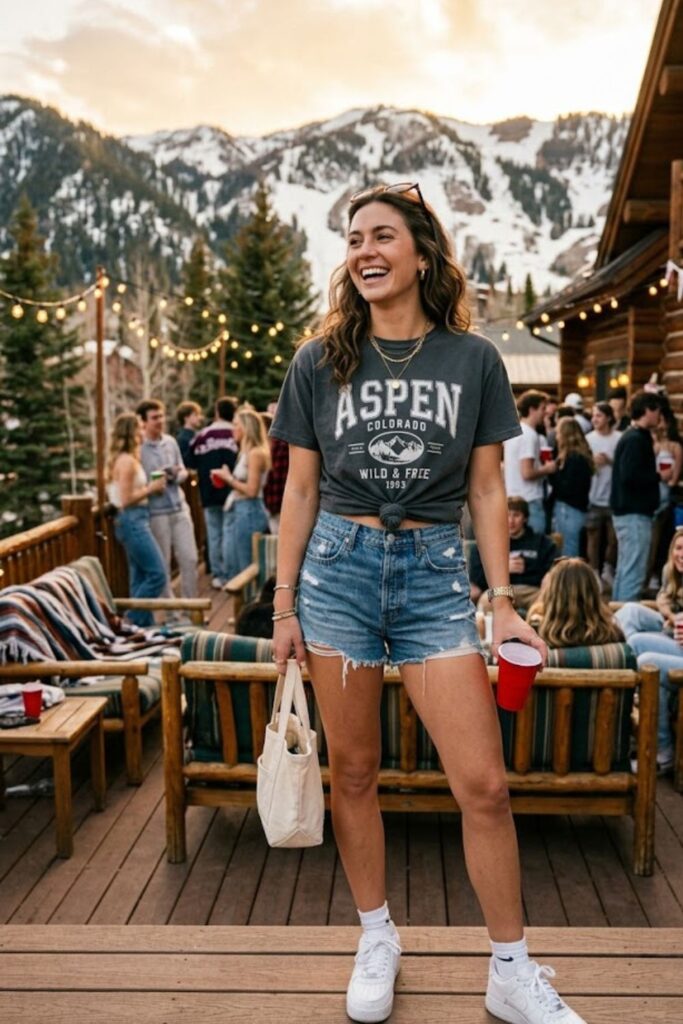 7. Graphic Tee with Denim Shorts Style