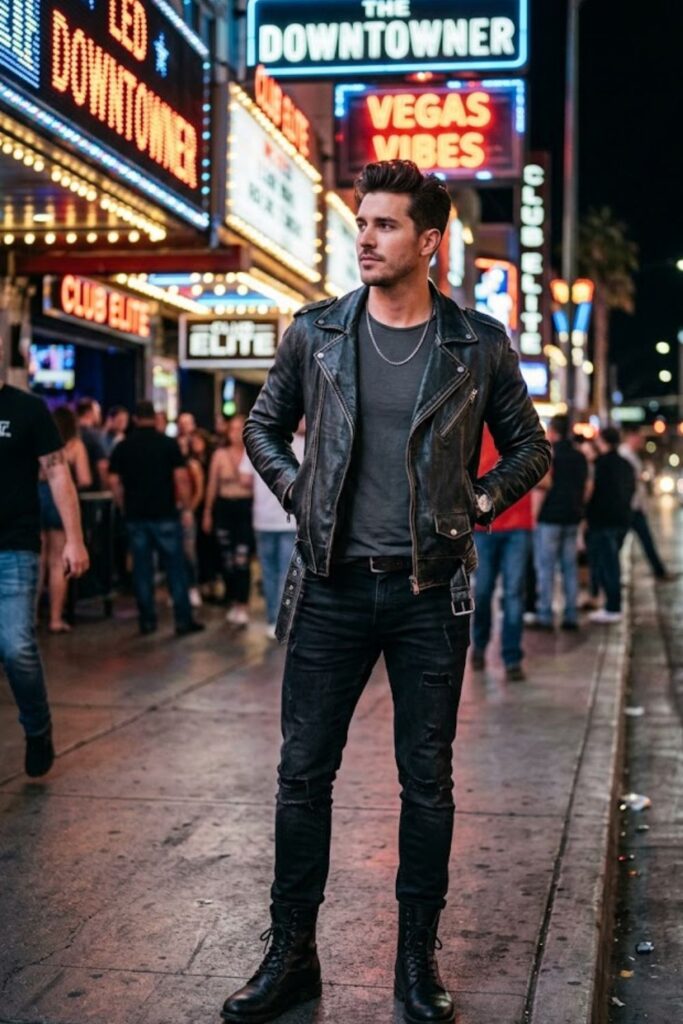 7. Leather Jacket with T-Shirt and Jeans