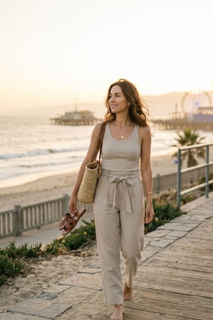 7. Santa Monica Summer Outfit Tank Top and Linen Pants Combo