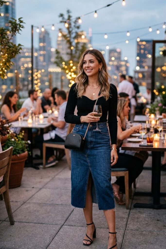 8. Denim Skirt and Chic Top