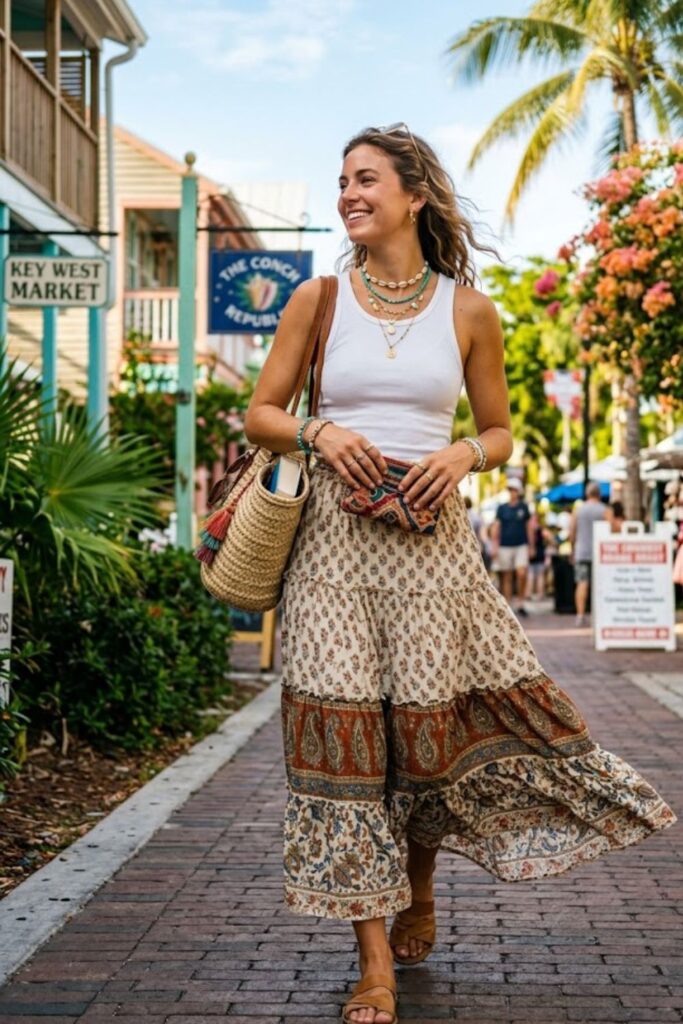 8. Key West Vacation Outfits Boho Skirt and Top Combo