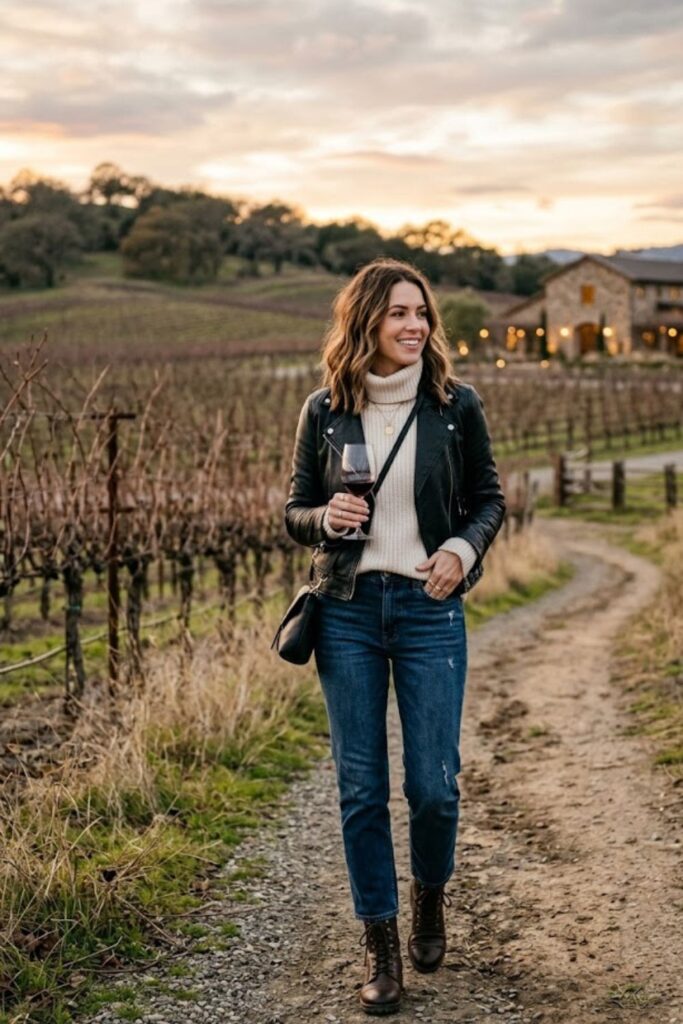 9. Leather Jacket Edgy Wine Country Look