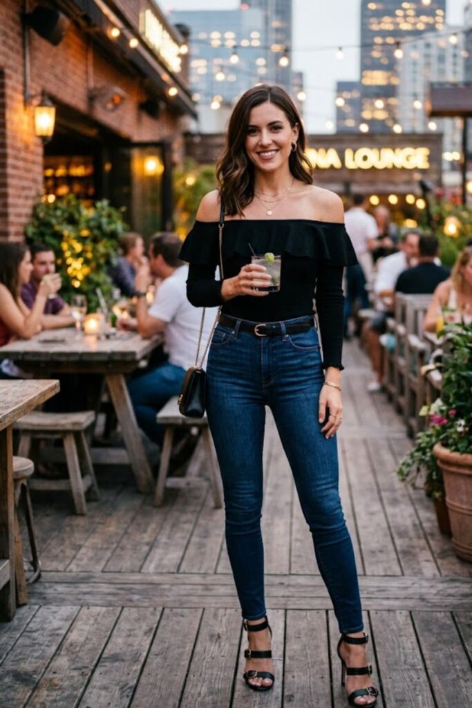 9. Off-Shoulder Top with Skinny Jeans