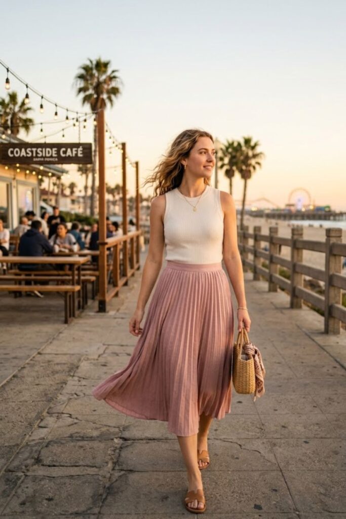 9. Santa Monica Summer Outfit Soft Midi Skirt Style