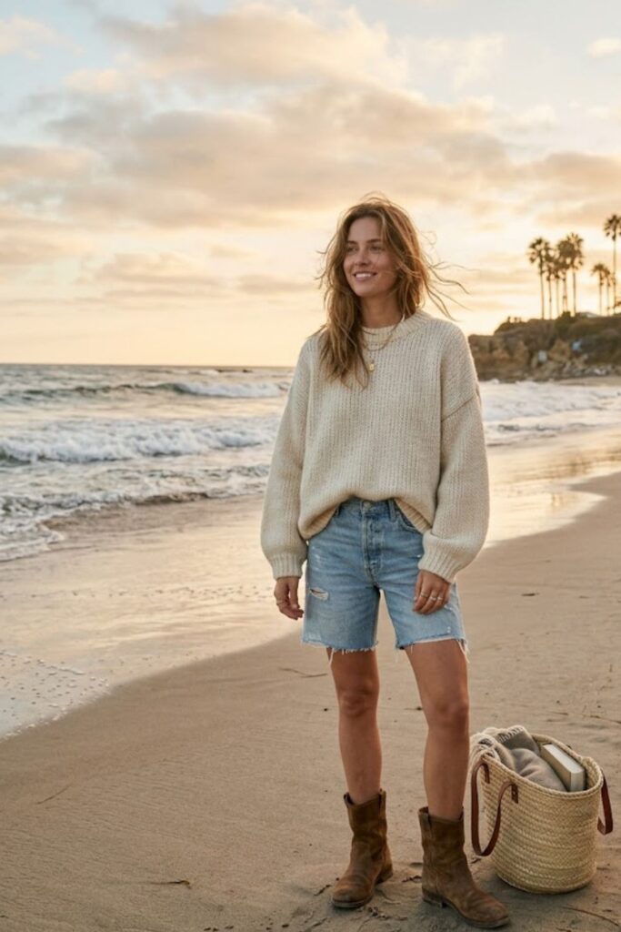 1. Oversized sweater with denim shorts