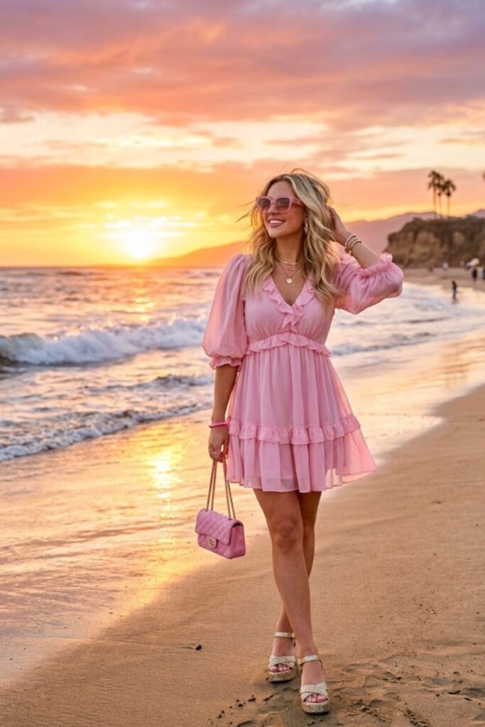 1. Pink mini dress with platform sandals