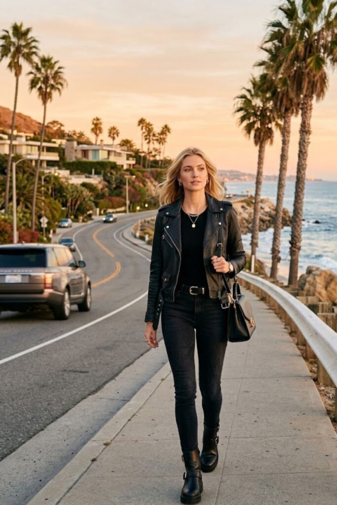 10. Leather jacket with black jeans