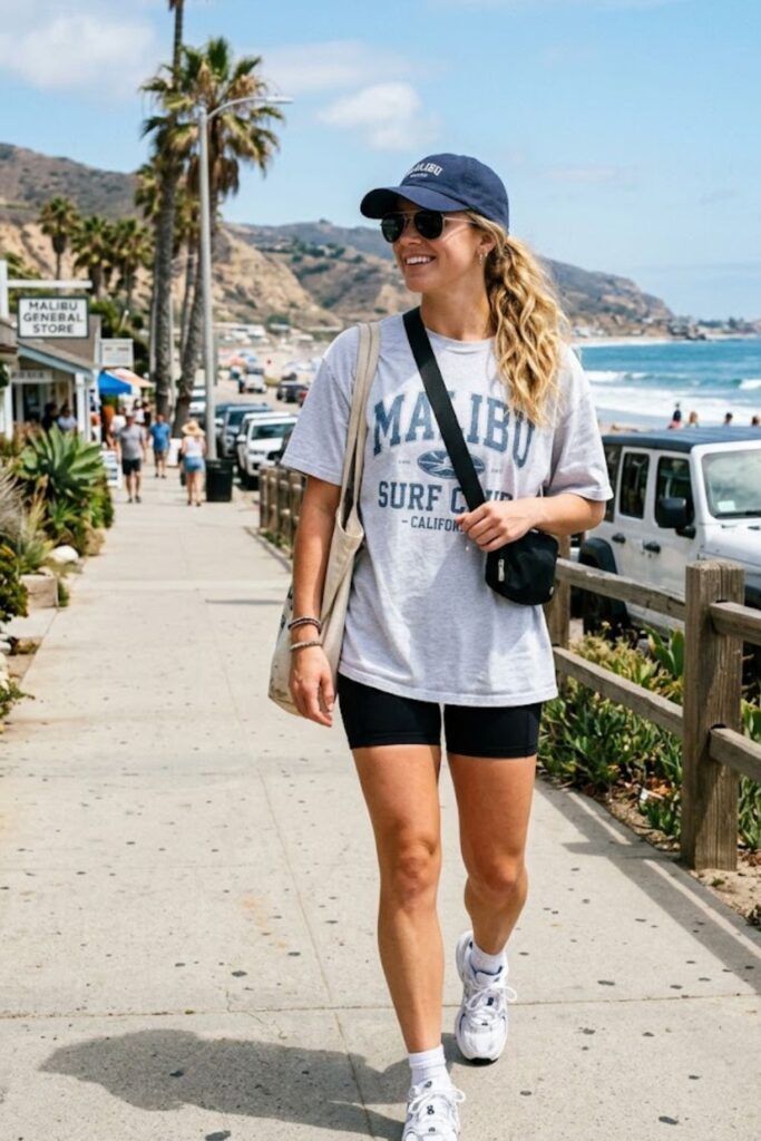10. T-shirt with biker shorts and sneakers