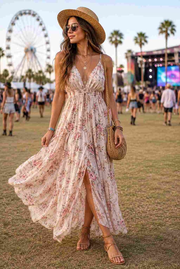 2. Flowy Maxi Dress With Flat Sandals