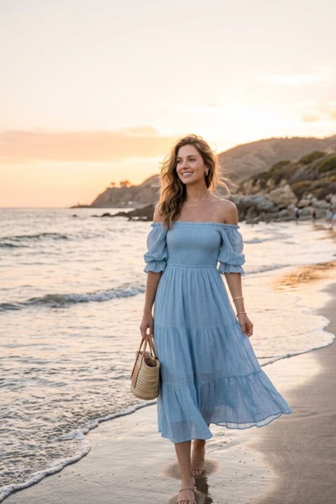 2. Off-shoulder midi dress with nude sandals