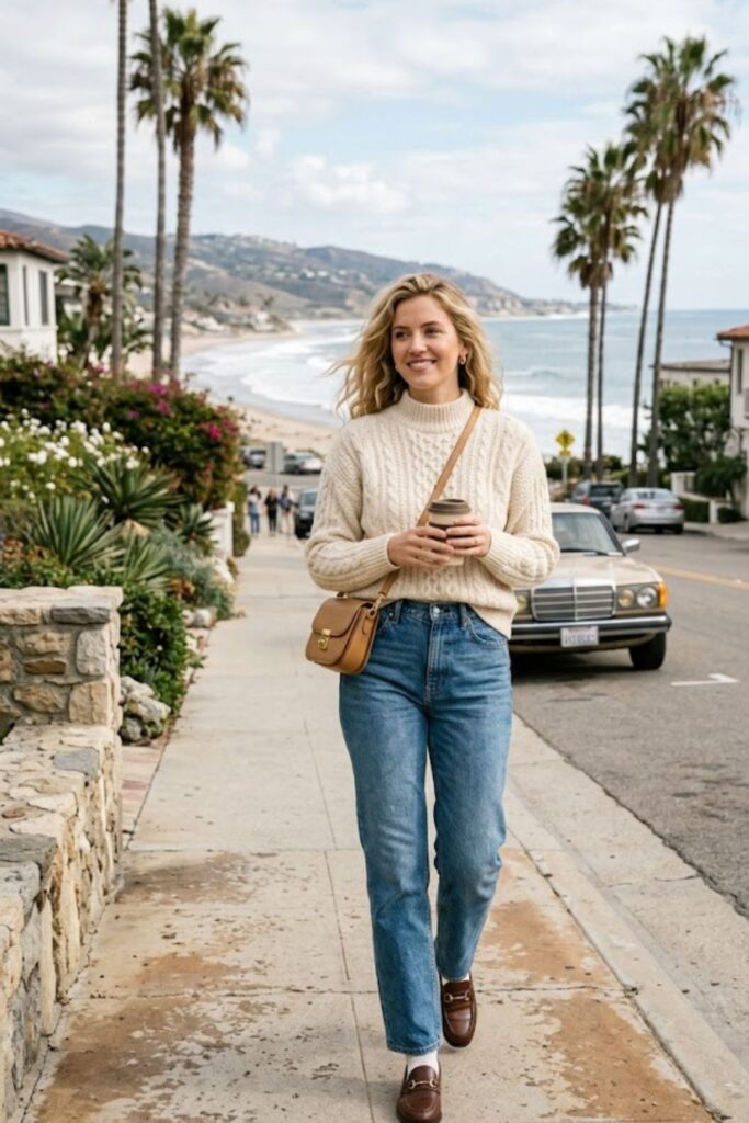 3. Knit sweater with high-waisted jeans