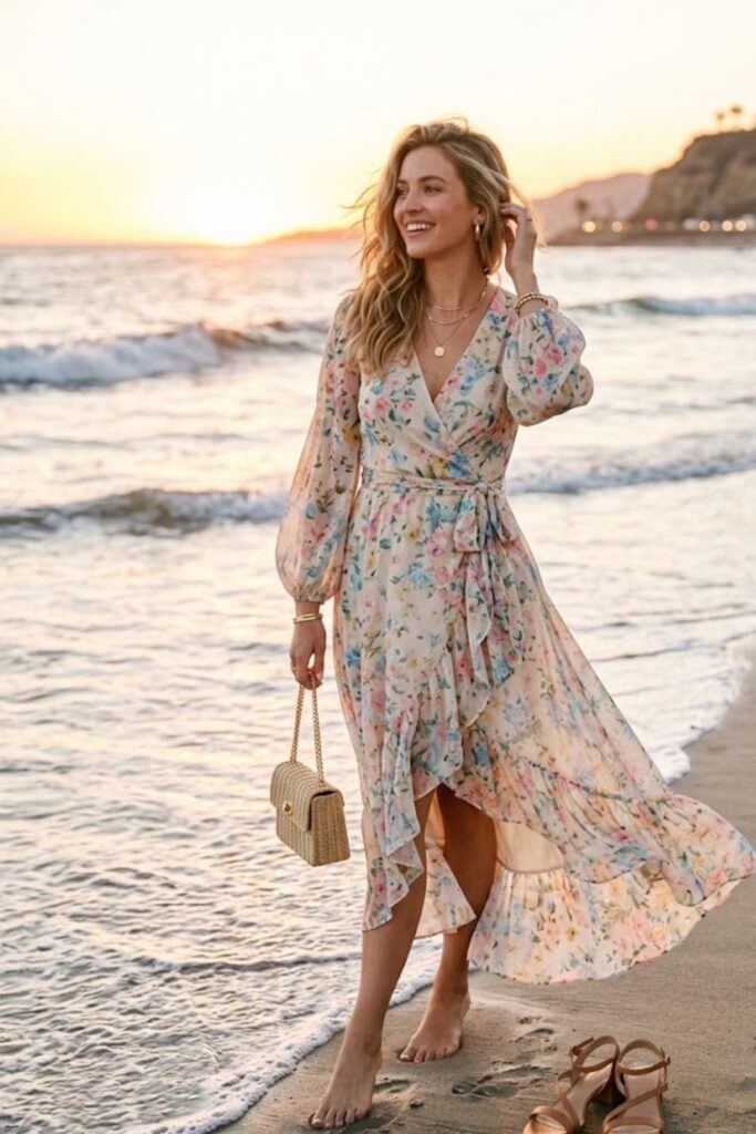 4. Floral wrap dress with delicate heels