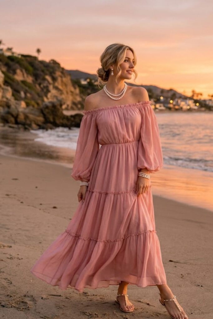 4. Off-shoulder dress with pearl accessories
