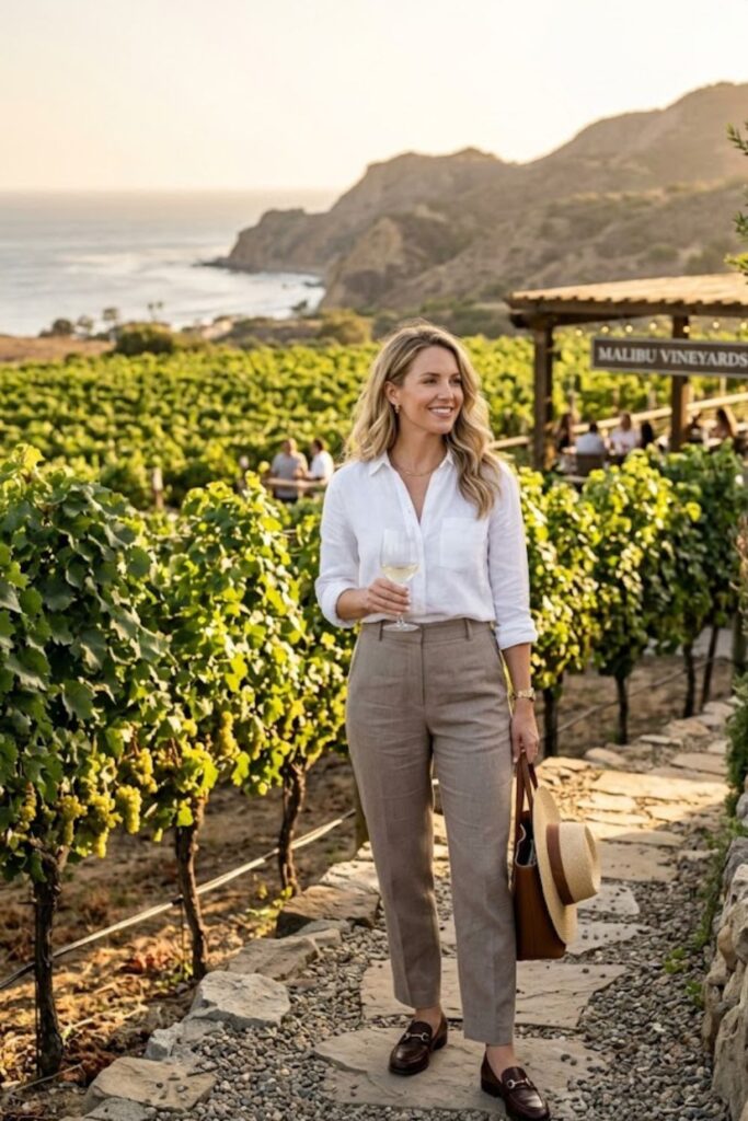 4. White blouse with high-waisted trousers