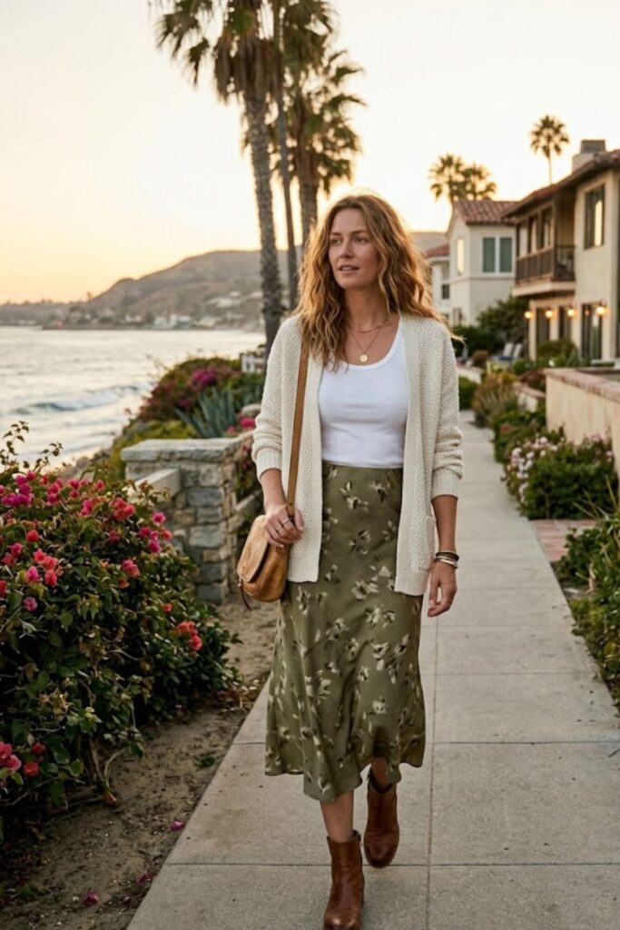 5. Cardigan layered over a tank and skirt
