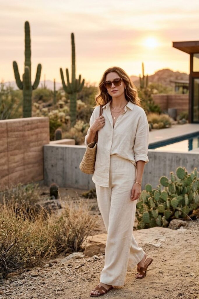 5. Matching linen set with sandals