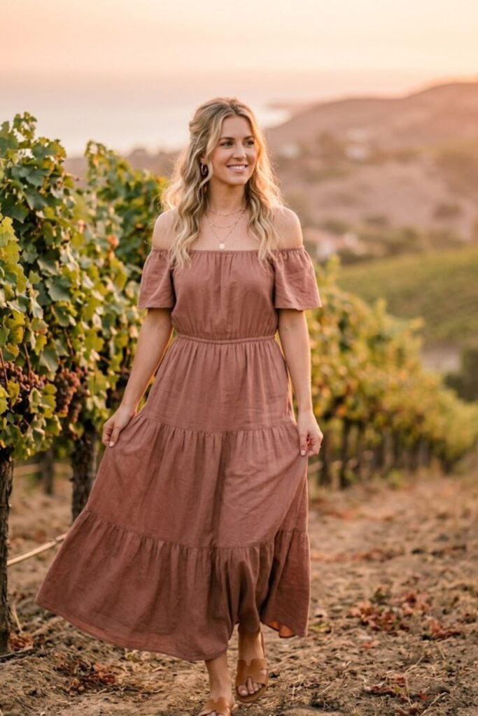 5. Off-shoulder dress with delicate accessories